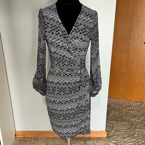 Diane von Furstenberg “Sigourney” Navy and White Wrap Dress with Sheer Sleeves
